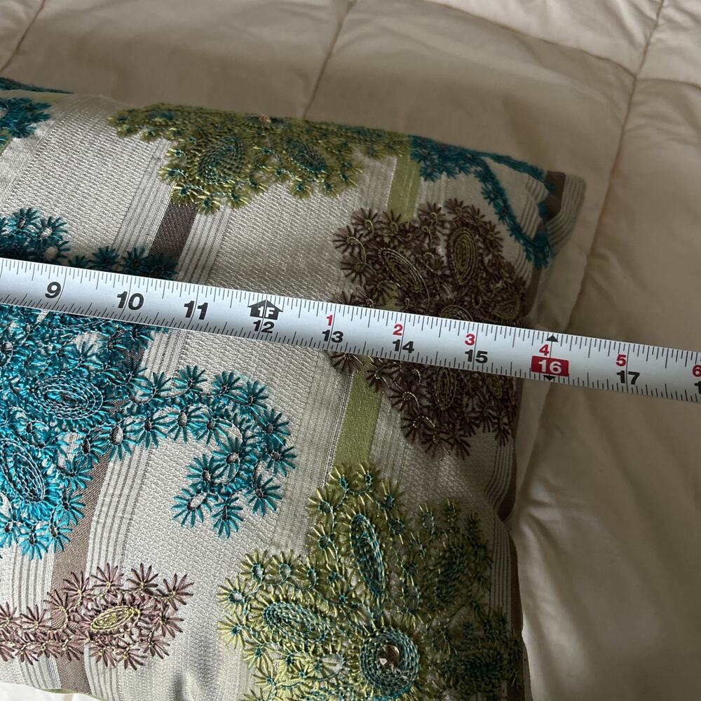 Pier 1 Imports Jeweled Embroidered Accent Pillow Green/Teal/Brown 19x13 - Picture 7 of 8